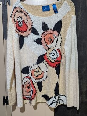 JH Collectibles Cream Sweater with Black and Coral Floral Intarsia